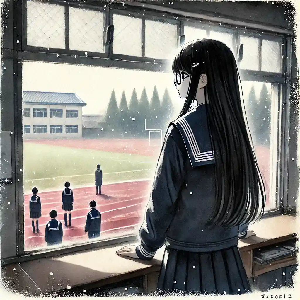 陸上部の練習風景を見ている中学生女子