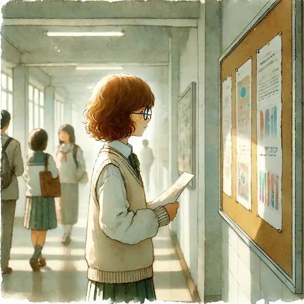 ポスターの貼る場所を考えている中学生女子