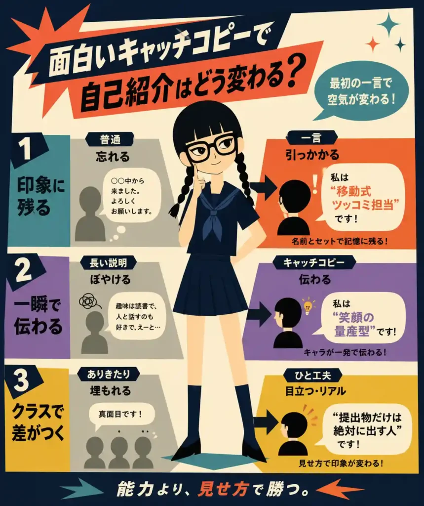 黒髪三つ編みで太いメガネの女子が中央に立ち、自己紹介のキャッチコピーの効果（印象に残る・一瞬で伝わる・差がつく）を対比で示したレトロ風フラットデザインのインフォグラフィック