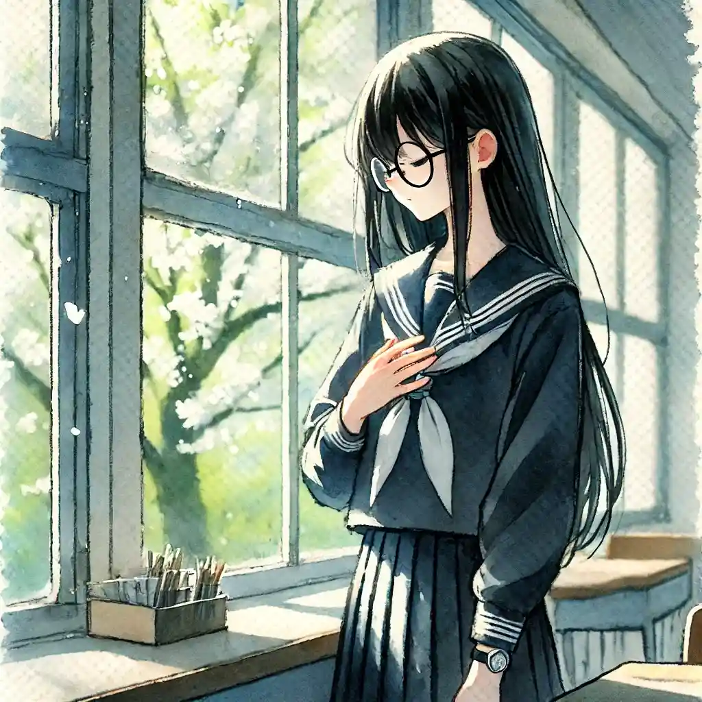 窓辺に立っている中学生女子