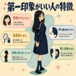 第一印象がいい人の特徴をまとめたインフォグラフィック。背中越しに振り返って笑うセーラー服の女子生徒を中心に、表情がやわらかい、清潔感がある、姿勢が落ち着いている、声が聞き取りやすい、聞く姿勢がある、の5点を紹介している。