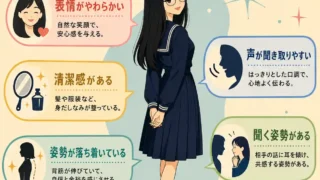 第一印象がいい人の特徴をまとめたインフォグラフィック。背中越しに振り返って笑うセーラー服の女子生徒を中心に、表情がやわらかい、清潔感がある、姿勢が落ち着いている、声が聞き取りやすい、聞く姿勢がある、の5点を紹介している。
