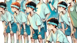 はちまきして気合を入れている男子たち