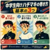 中学生向けのハチマキの巻き方を、基本の後ろ結び、ねじってから後ろで結ぶ方法、細めに折ってすっきり見せる方法の3つに分けて紹介したインフォグラフィック。