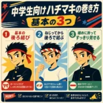 中学生向けのハチマキの巻き方を、基本の後ろ結び、ねじってから後ろで結ぶ方法、細めに折ってすっきり見せる方法の3つに分けて紹介したインフォグラフィック。