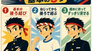 中学生向けのハチマキの巻き方を、基本の後ろ結び、ねじってから後ろで結ぶ方法、細めに折ってすっきり見せる方法の3つに分けて紹介したインフォグラフィック。