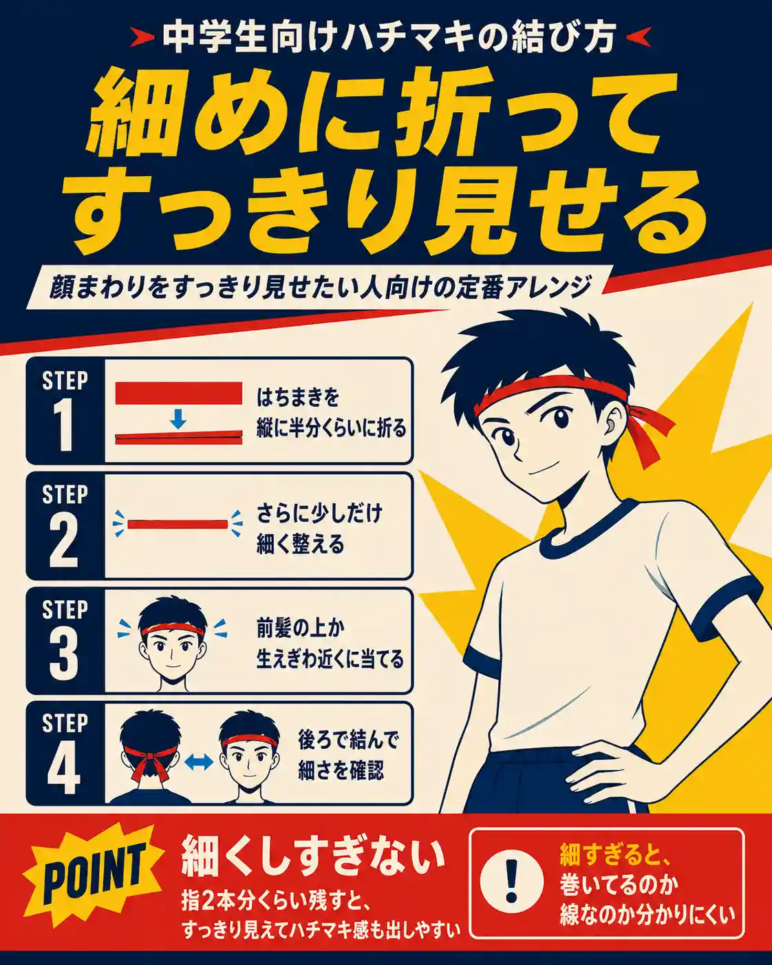 中学生向けに、ハチマキを細めに折ってすっきり見せる巻き方を、4つの手順とポイントで解説した体育祭用インフォグラフィック。