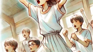 応援席で応援する中学生女子