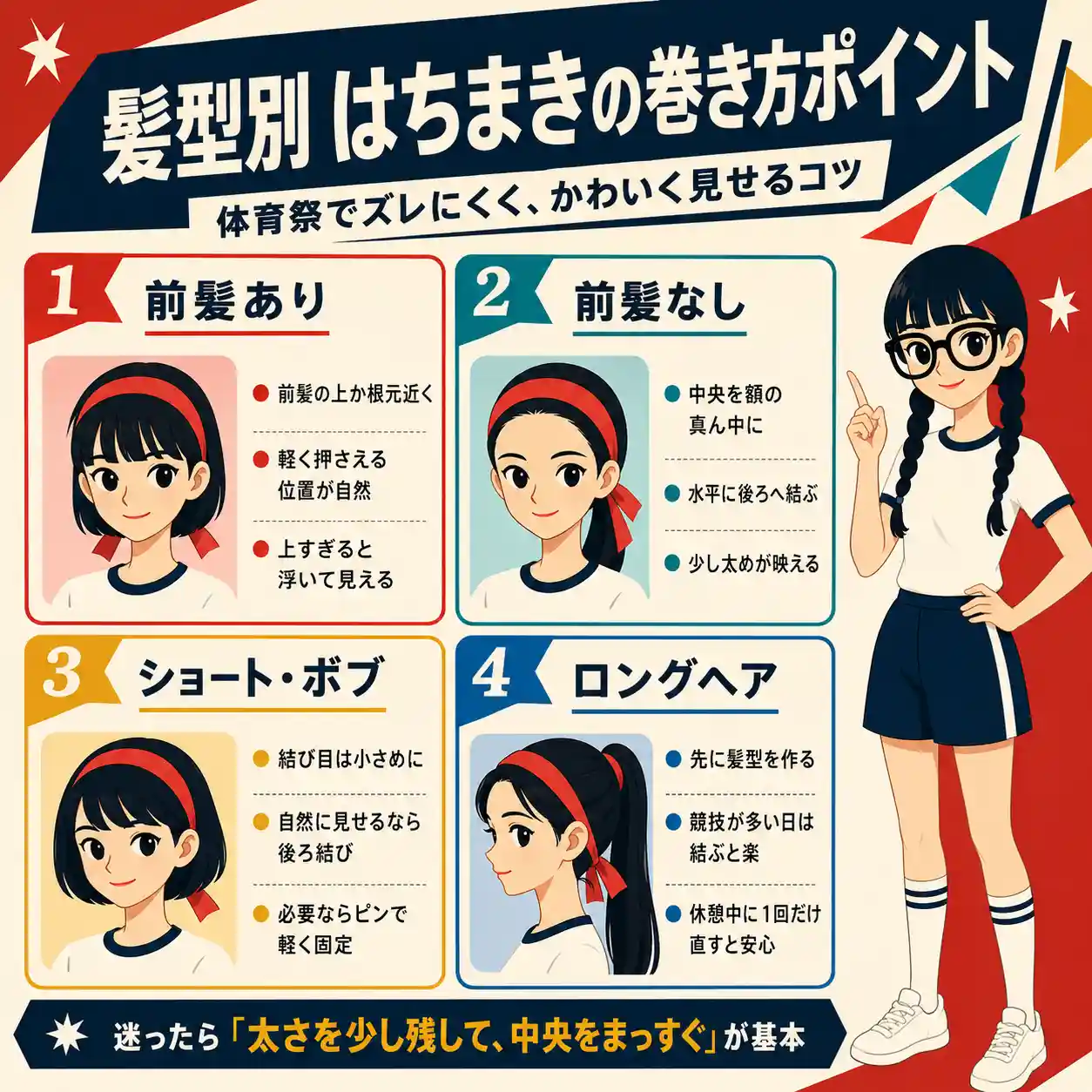髪型別のはちまきの巻き方を紹介するインフォグラフィック。前髪あり、前髪なし、ショート・ボブ、ロングヘアごとに、体育祭でズレにくく自然に見せるポイントをイラスト付きでまとめている。