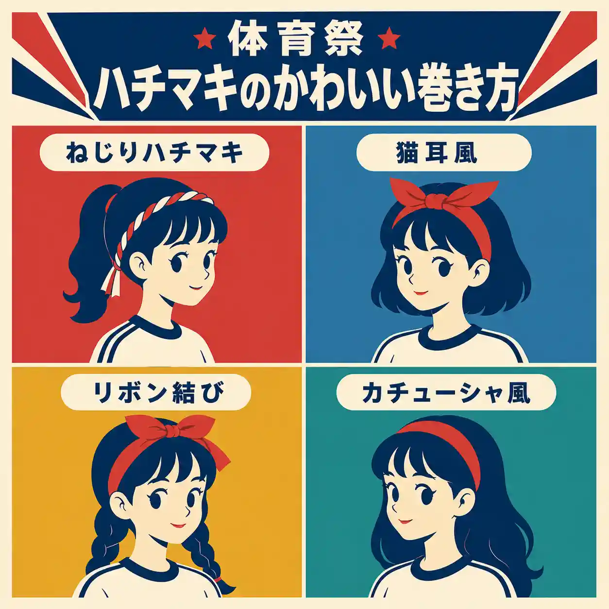体育祭で可愛いハチマキの巻き方を解説したインフォグラフィック