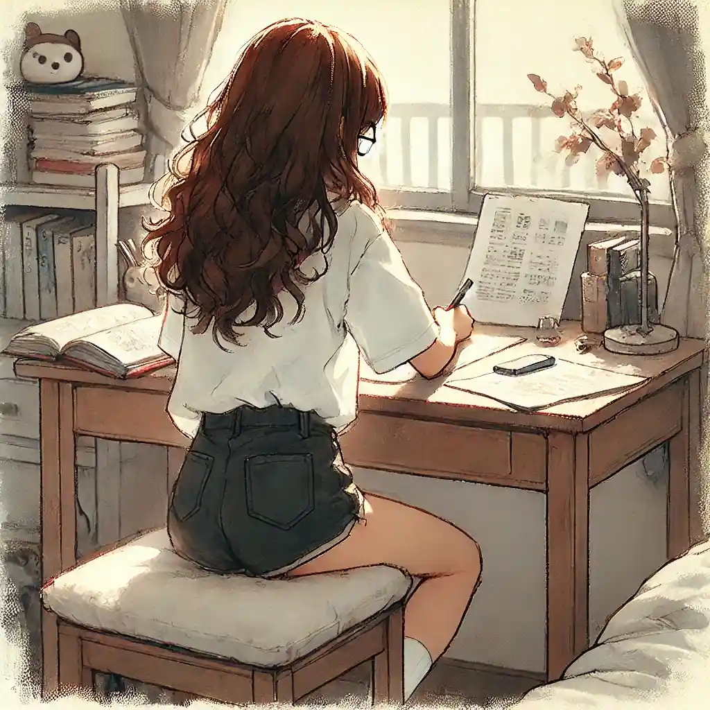 宿題をしている中学生女子