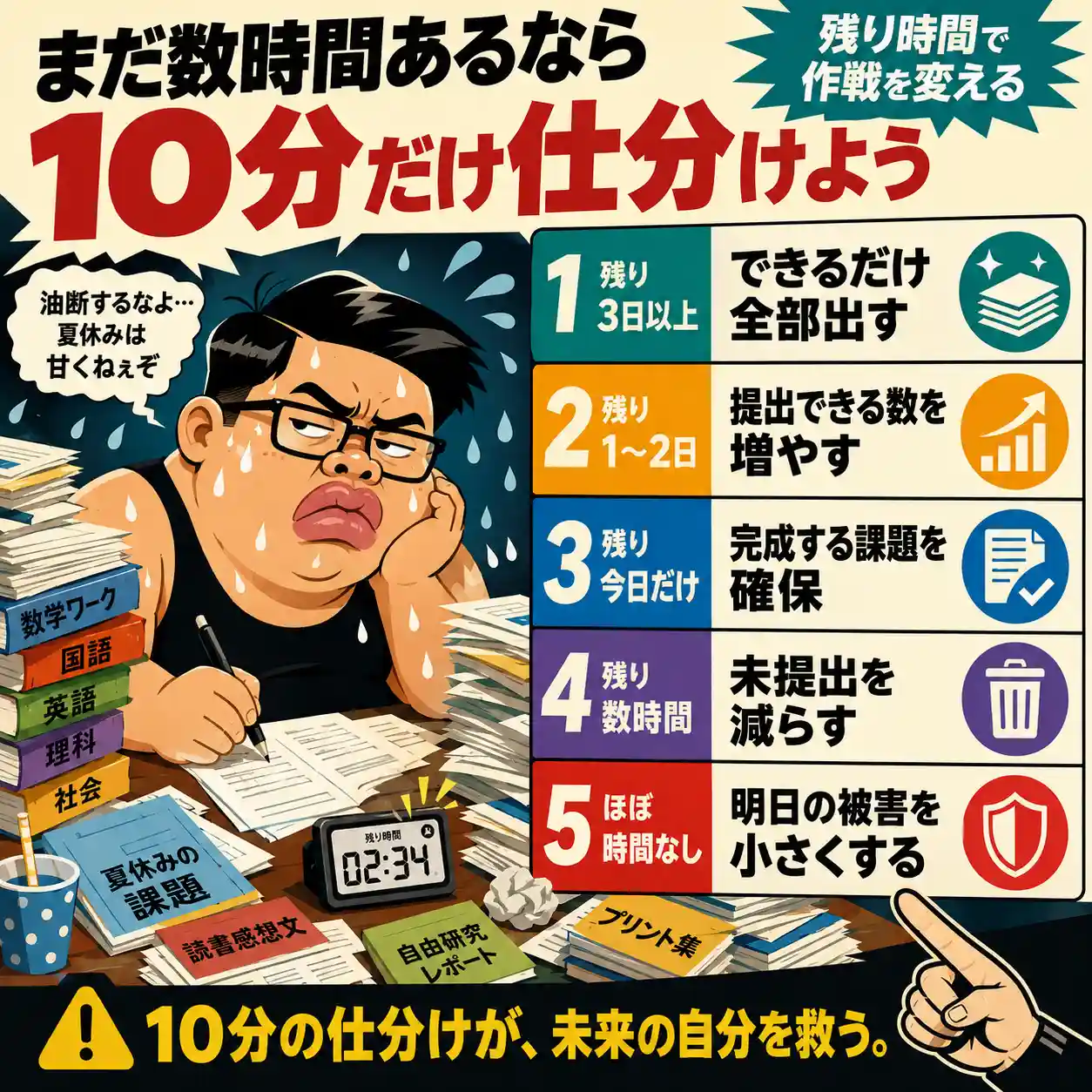 汗だくで机に向かう男子と山積みの夏休みの宿題を背景に、残り3日以上からほぼ時間なしまで、残り時間別の宿題の進め方を5段階で示したインフォグラフィック