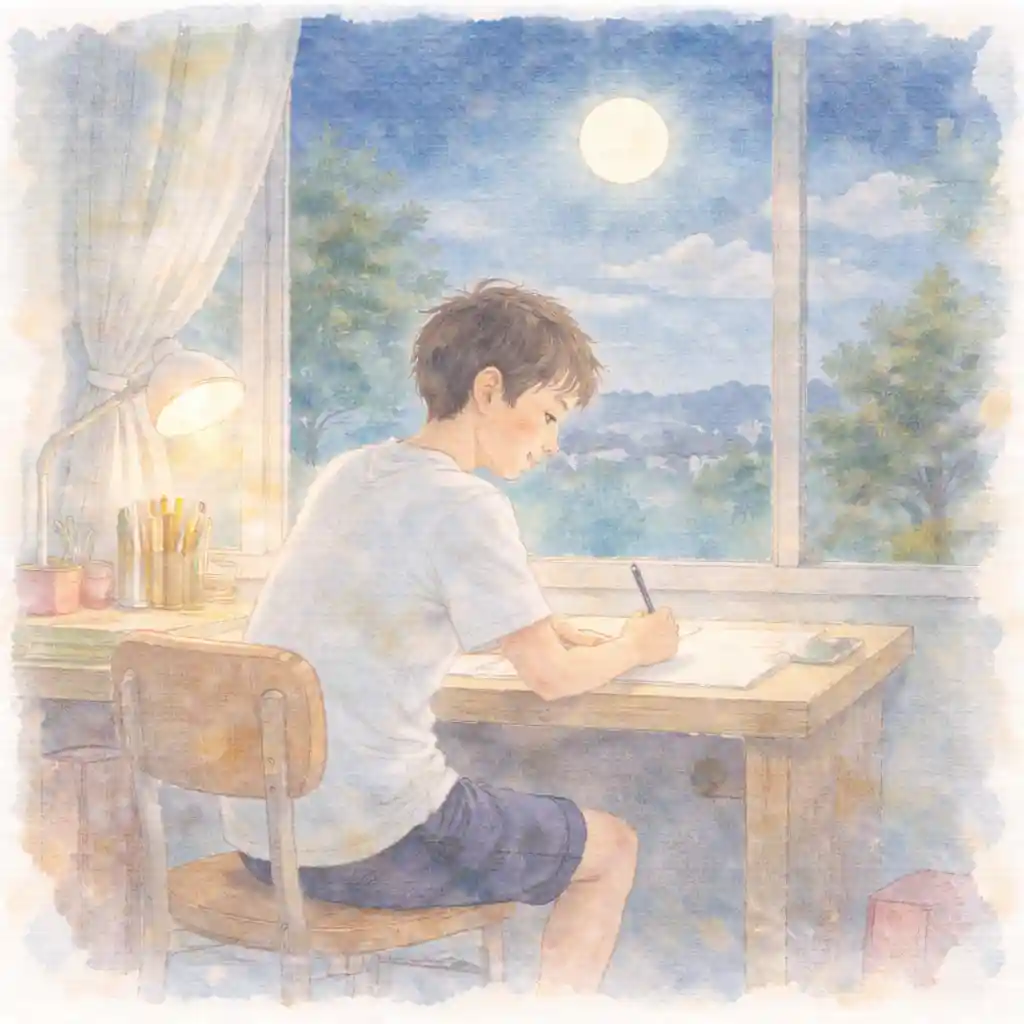 自分の部屋で作文を書いている男子