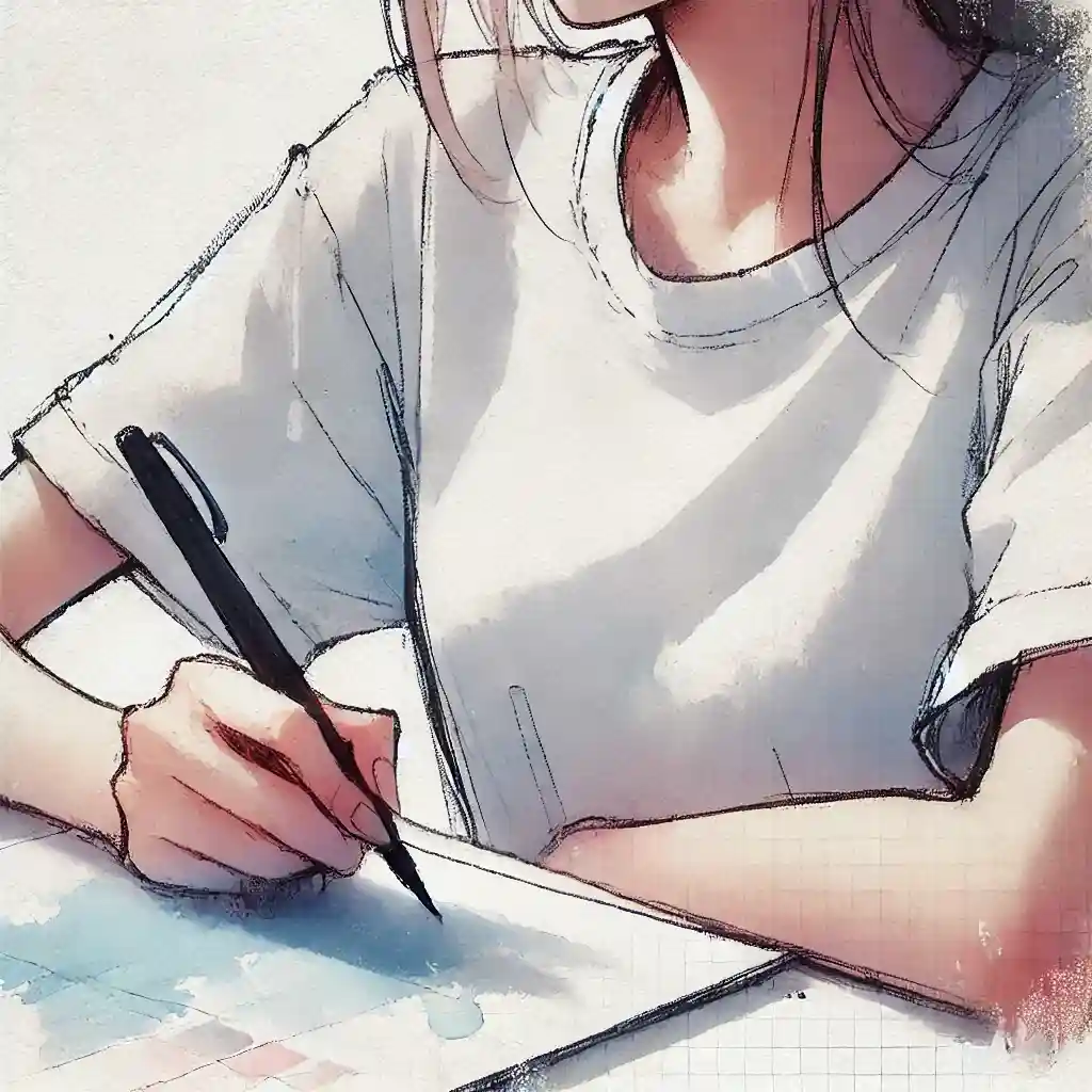 机に向かっている女子