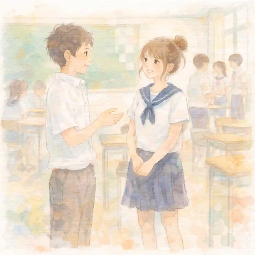 学校でクラスメイトと話している中学生女子