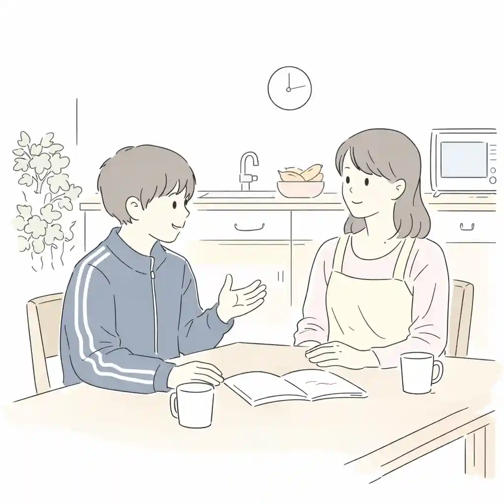 親と相談いている中学生男子