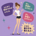 茶髪のお団子ヘアで細身の若い女性が、白Tシャツと短パン姿で立ち、周囲に「とにかく提出できればいい人」「少し評価を上げたい人」などの吹き出しが配置された、レトロなフラットデザインのイラスト