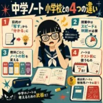 中学ノートと小学校ノートの4つの違いを、授業中にテンパる女子中学生と図解で示したインフォグラフィック