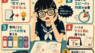 中学ノートと小学校ノートの4つの違いを、授業中にテンパる女子中学生と図解で示したインフォグラフィック