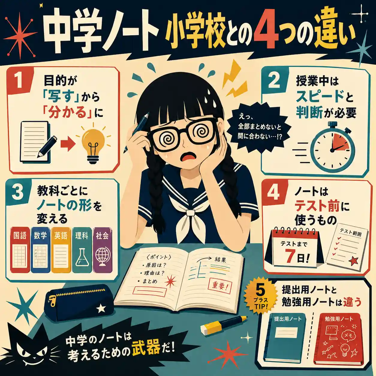 中学ノートと小学校ノートの4つの違いを、授業中にテンパる女子中学生と図解で示したインフォグラフィック
