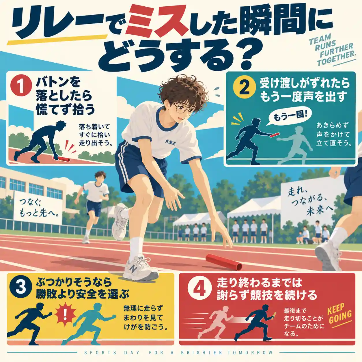 リレーでバトンを落とした男子生徒のイラストと、ミスした瞬間の対処法4つをまとめたインフォグラフィック