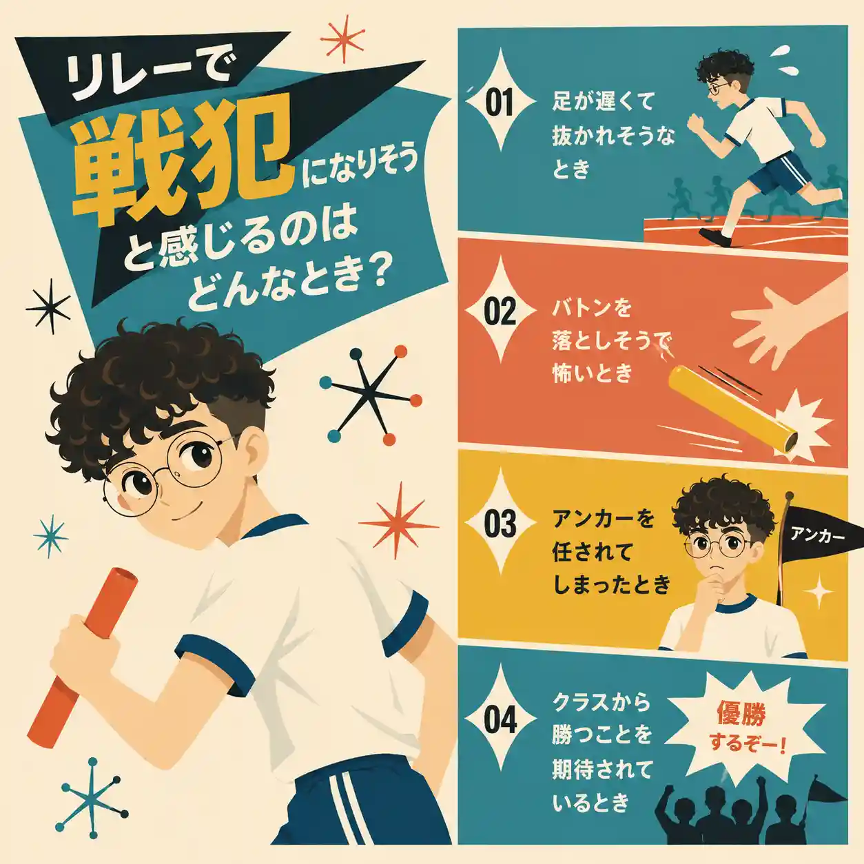 体育祭のリレーで不安を感じる場面をまとめたレトロ調インフォグラフィック。バトンを持つ男子生徒と、「足が遅い」「バトンを落としそう」「アンカー担当」「クラスの期待が重い」の4つの悩みを描いている。