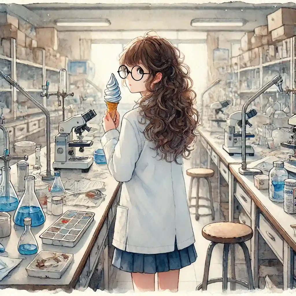 実験室でソフトクリームを食べている女子