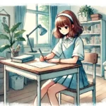 自分の部屋で作文を書いている中学生女子
