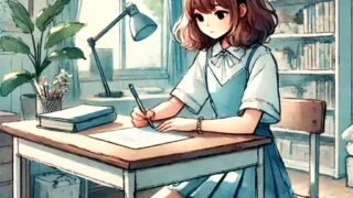自分の部屋で作文を書いている中学生女子