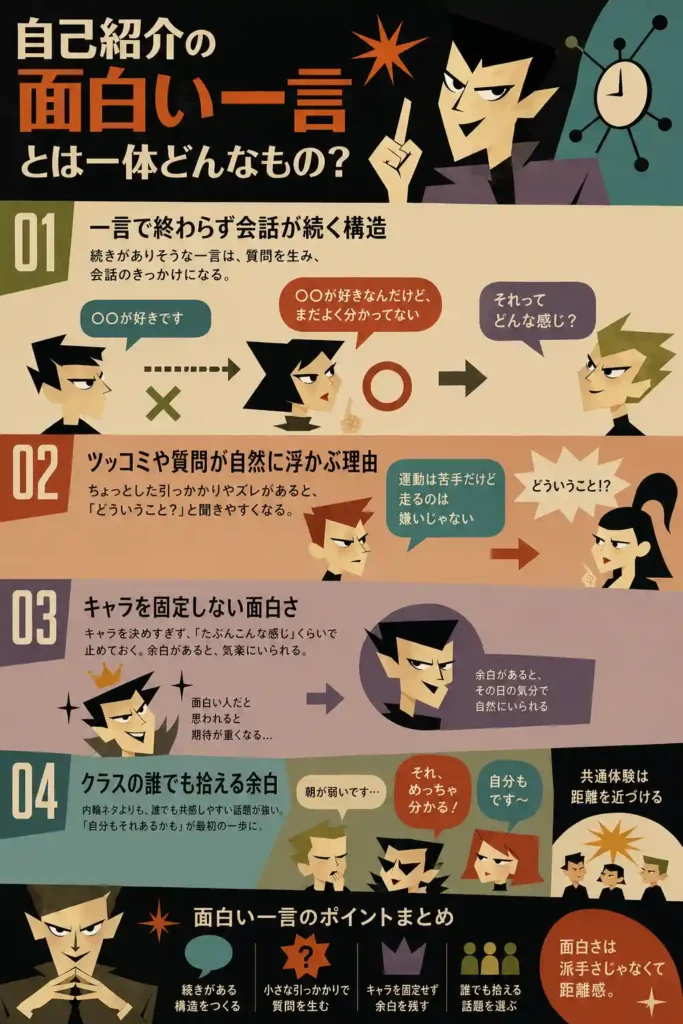 自己紹介の面白い一言のコツを解説するレトロ調インフォグラフィック。会話が続く構造、ツッコミが生まれるズレ、キャラを固定しない余白、誰でも拾える共通話題などを図解し、自然に話しかけやすくするポイントを示している。 