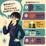 黒髪の三つ編みで太いメガネをかけた女子生徒が、「爆笑を狙うより、そのあとで声をかけられる自己紹介が大事だよ！」と吹き出しで語る自己紹介のコツのインフォグラフィック。明るく話す、自分らしさを入れる、会話のきっかけを作るなど5つのポイントを、60年代アメリカアニメ風のフラットデザインで紹介している。