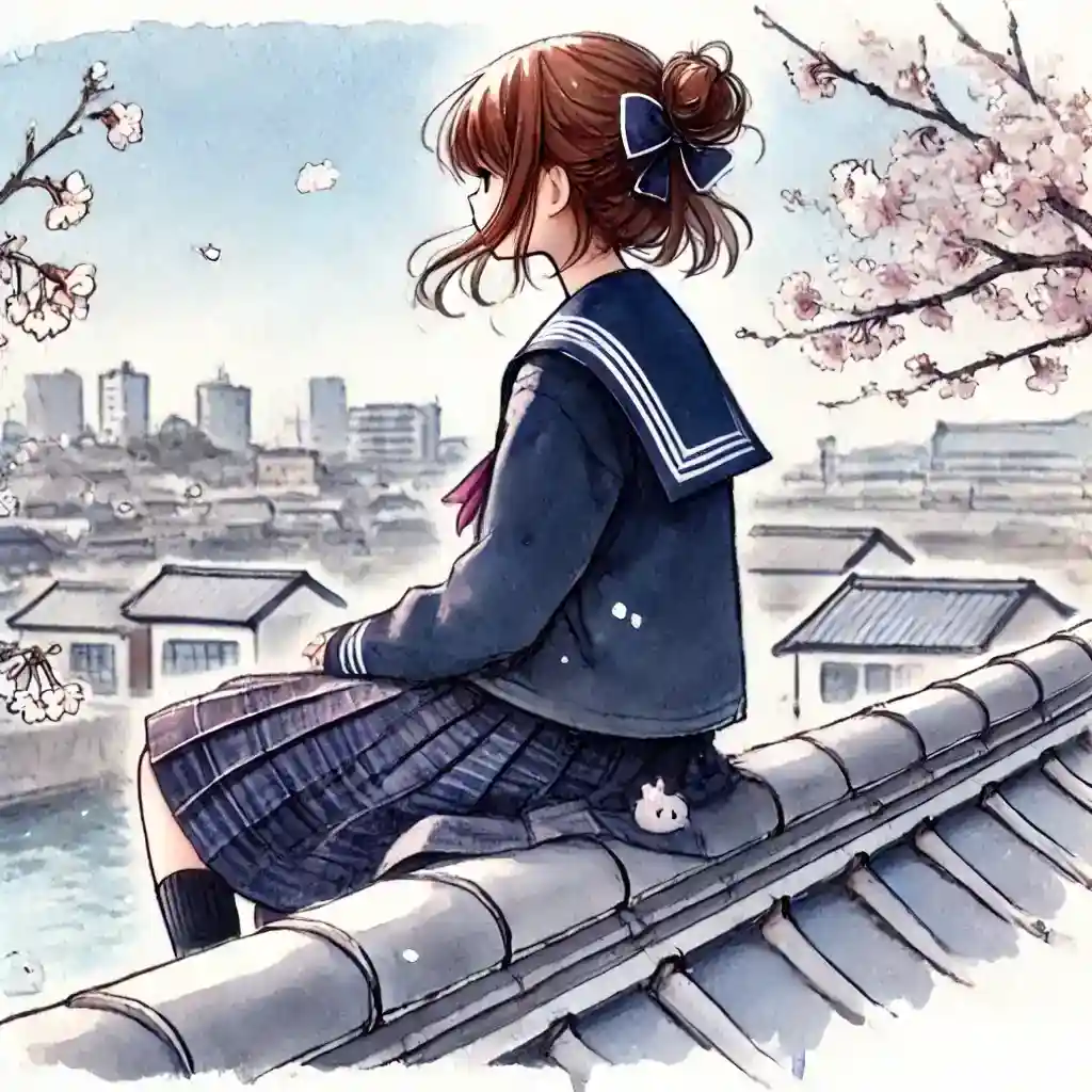 屋根の上の中学生女子