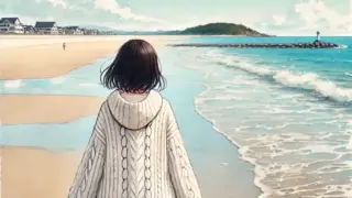 浜辺を歩く中学生女子