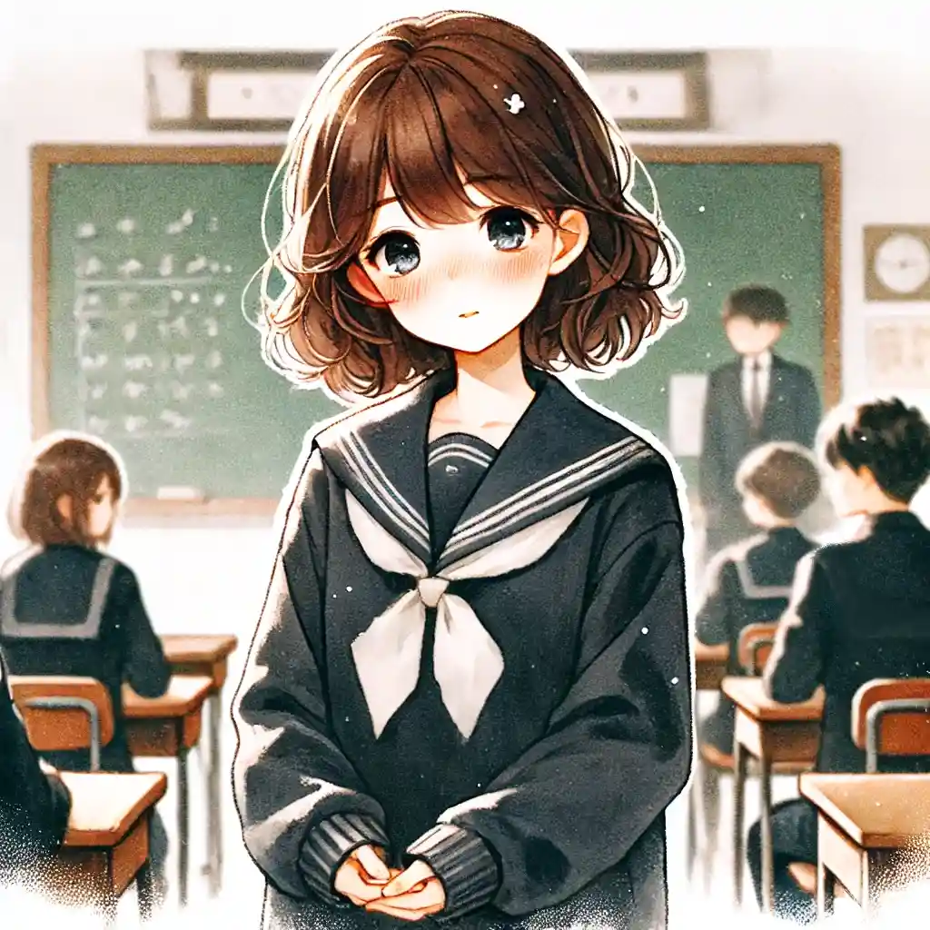 新しいクラスでもじもじしている中学生女子