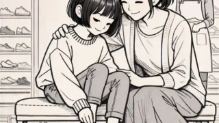 母親とスニーカーを選ぶ中学生女子