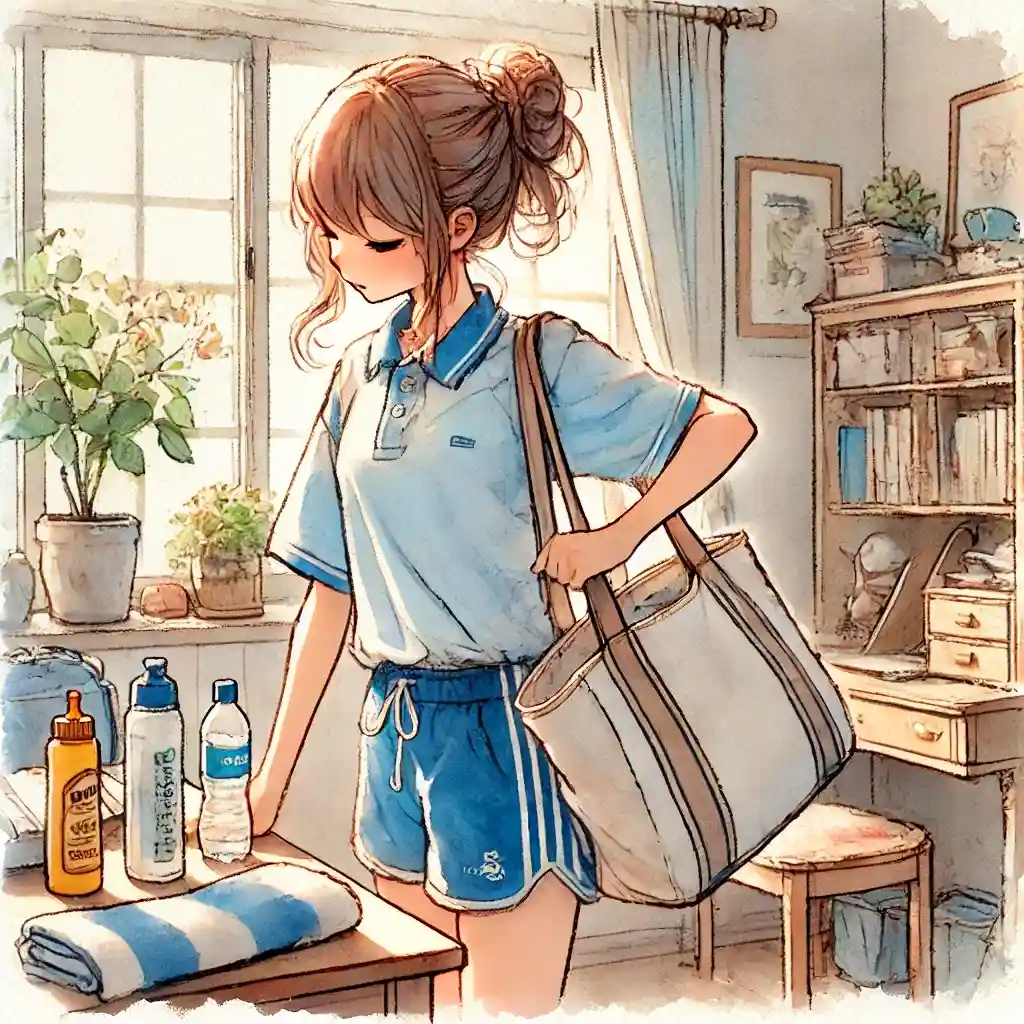 体育祭に持っていくものを準備している中学生女子