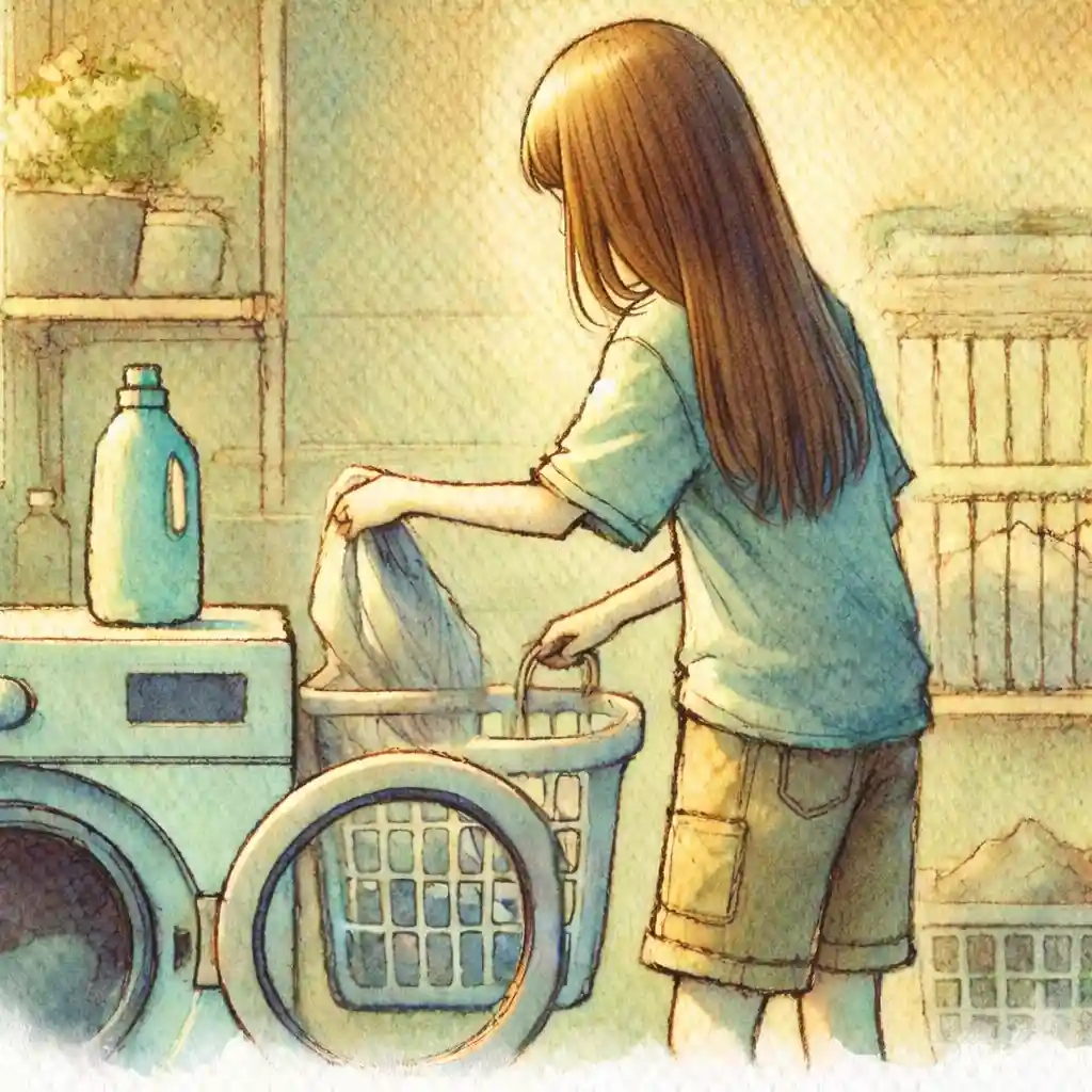 よどれものを洗濯機に入れる中学生女子