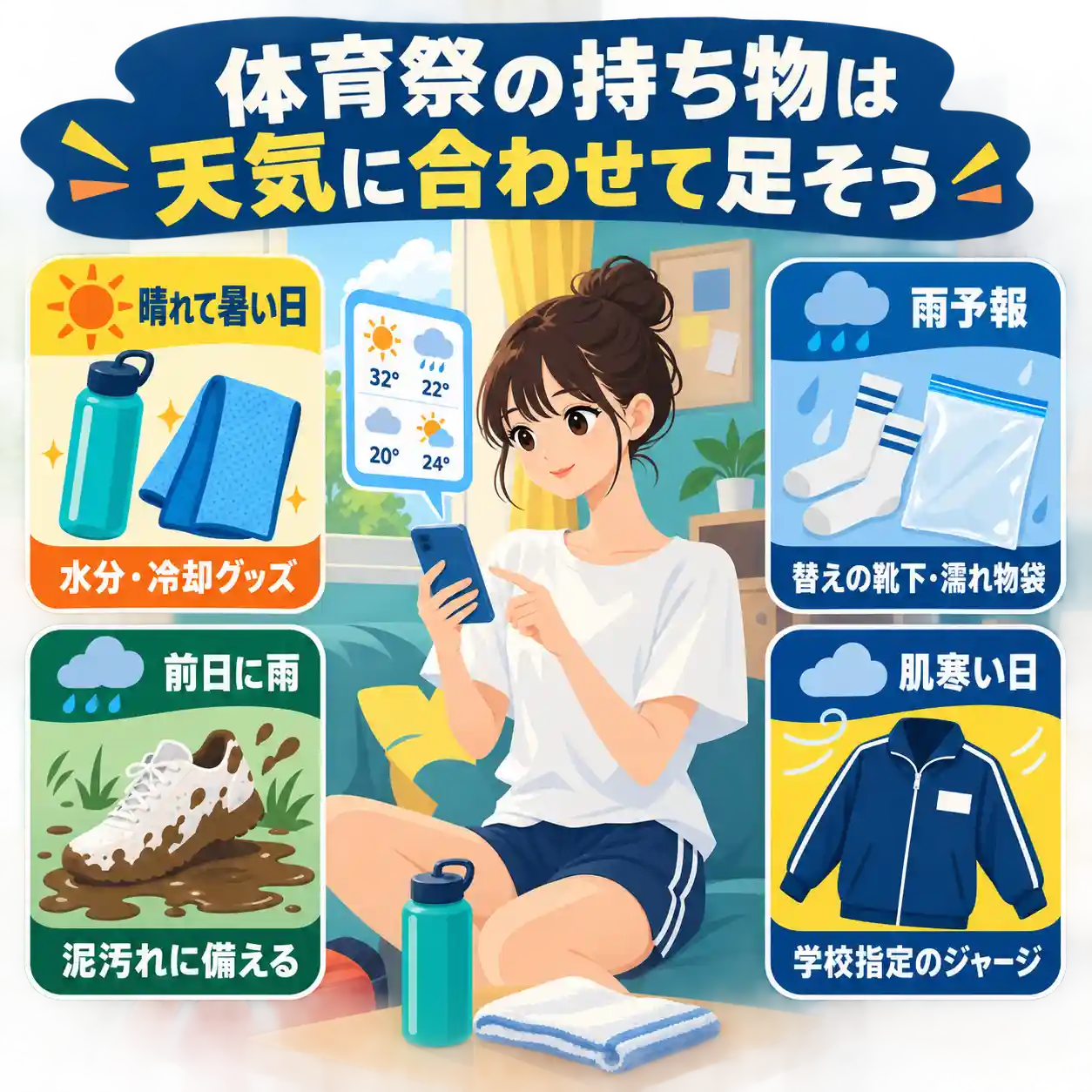 体育祭の天気別の持ち物を確認する女性と、水分・雨・泥・寒さ対策をまとめたイラスト