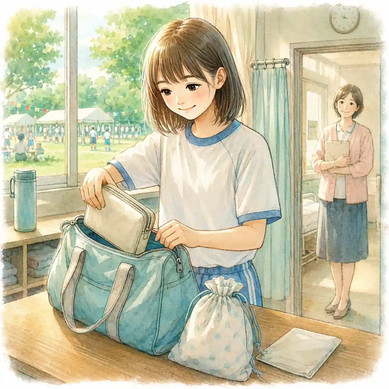 保健室で生理用品を準備している女子