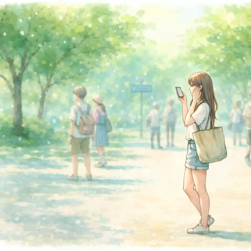 鏡で身繕いする女子
