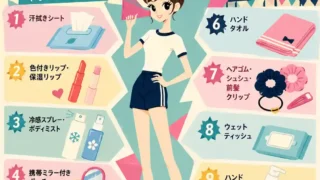 中学生の体育祭向けに、女子力を見せつける持ち物10点を紹介したレトロポップなインフォグラフィック。体操服姿のお団子ヘアの女子生徒を中央に、汗拭きシート、色付きリップ、日焼け止め、ハンドタオルなどのアイテムをイラスト付きで一覧化している。