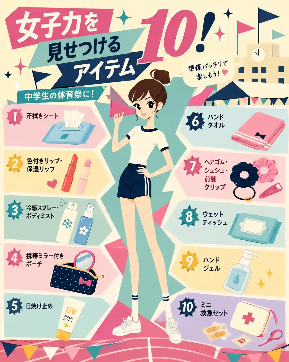 中学生の体育祭向けに、女子力を見せつける持ち物10点を紹介したレトロポップなインフォグラフィック。体操服姿のお団子ヘアの女子生徒を中央に、汗拭きシート、色付きリップ、日焼け止め、ハンドタオルなどのアイテムをイラスト付きで一覧化している。