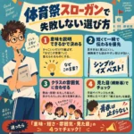体育祭スローガンの選び方を4つのポイントでまとめたインフォグラフィック。体操着の男子生徒が考え込み、意味を説明できるか、短さ、クラスの雰囲気、横断幕での見た目を紹介している。