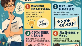 体育祭スローガンの選び方を4つのポイントでまとめたインフォグラフィック。体操着の男子生徒が考え込み、意味を説明できるか、短さ、クラスの雰囲気、横断幕での見た目を紹介している。