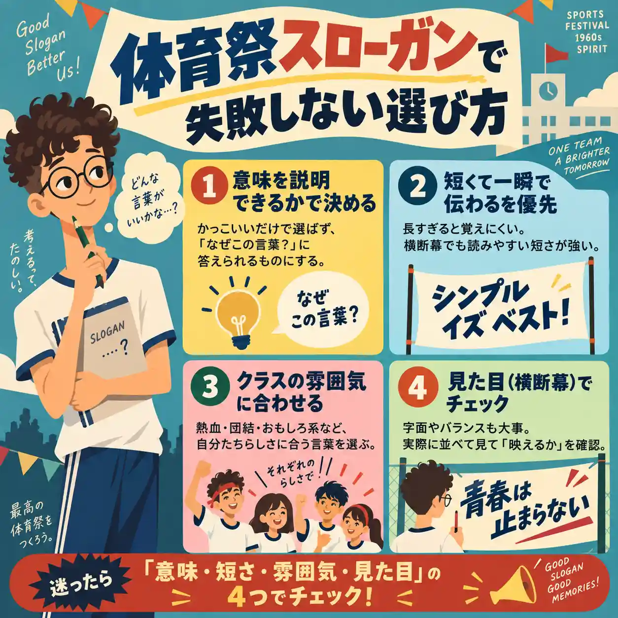 体育祭スローガンの選び方を4つのポイントでまとめたインフォグラフィック。体操着の男子生徒が考え込み、意味を説明できるか、短さ、クラスの雰囲気、横断幕での見た目を紹介している。