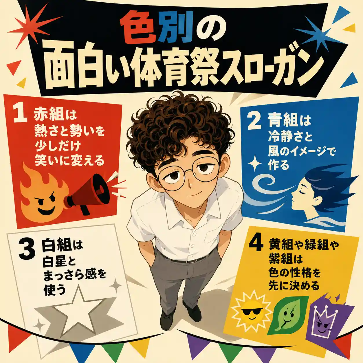 色別の面白い体育祭スローガンを紹介するインフォグラフィック。空を見上げる男子のまわりに、赤組・青組・白組・黄組や緑組や紫組のスローガン作りのコツを色別にまとめている。