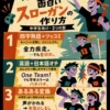面白いスローガンの作り方を、中学生向けに3つの型で紹介するレトロ調インフォグラフィック。四字熟語＋ツッコミ、英語＋日本語オチ、あるある変換の例を、60年代アメリカアニメ風の人物や猫のイラストとともに説明している。