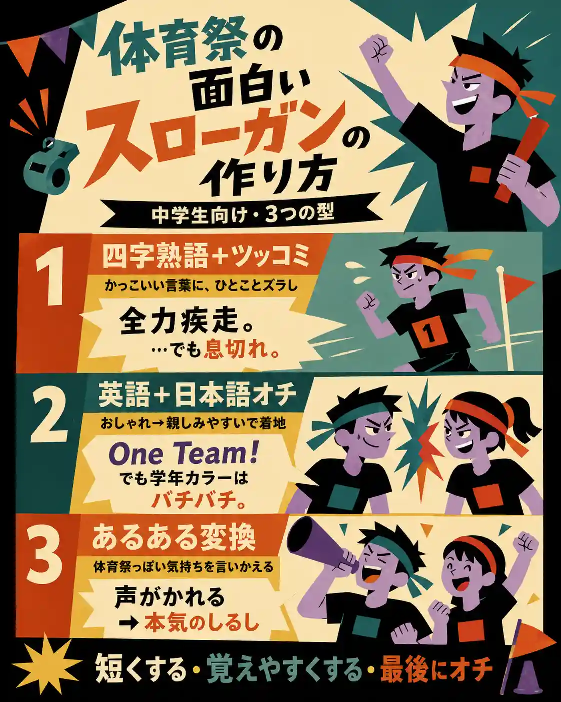 面白いスローガンの作り方を、中学生向けに3つの型で紹介するレトロ調インフォグラフィック。四字熟語+ツッコミ、英語+日本語オチ、あるある変換の例を、60年代アメリカアニメ風の人物や猫のイラストとともに説明している。