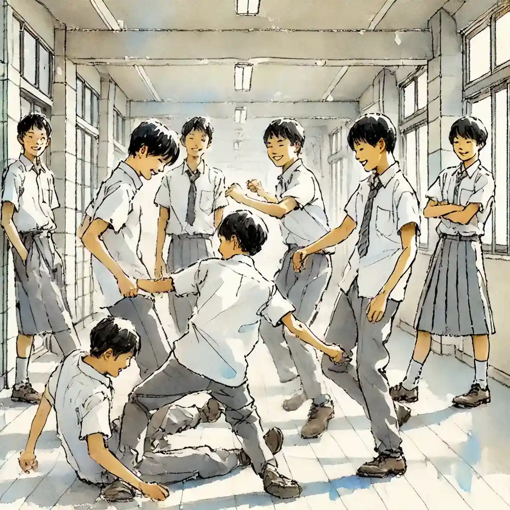 廊下でふざけている男子