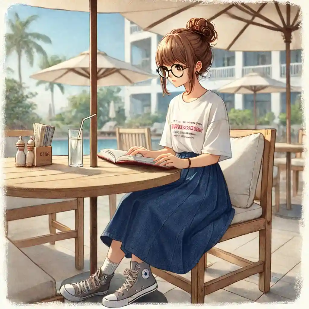 プールサイドで本を読む中学生女子